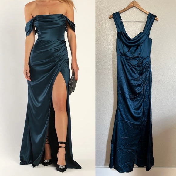 NWOT Stunning Arrival Dark Teal Satin Off-The-Shoulder Maxi Dress! - Picture 1 of 7
